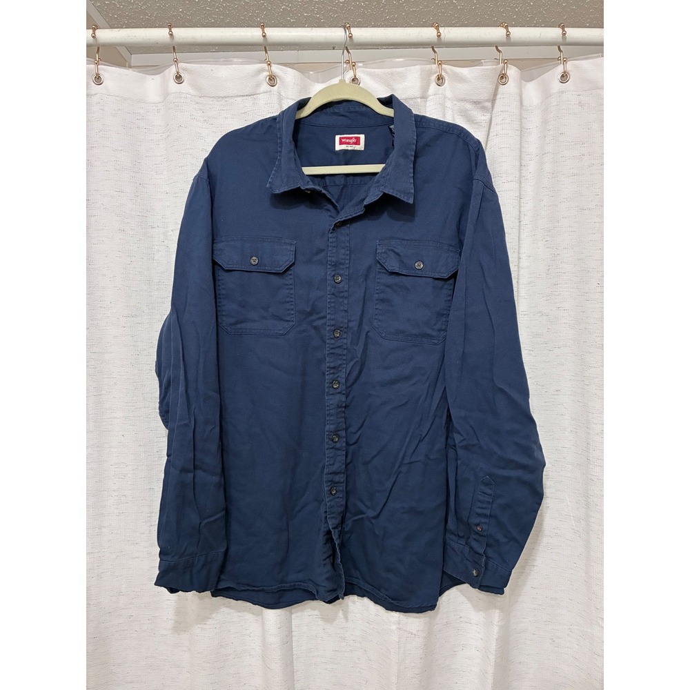 Wrangler Mens Navy Blue Long Sleeve Button Down Work Shirt 2XL Stretch Cotton